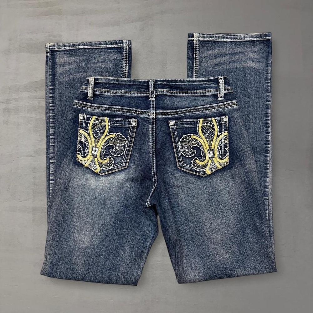 Y2K Glam Revolt Flare Jeans Dark Wash Fleur De Lis Rhinestone Bedazzled Size 6
